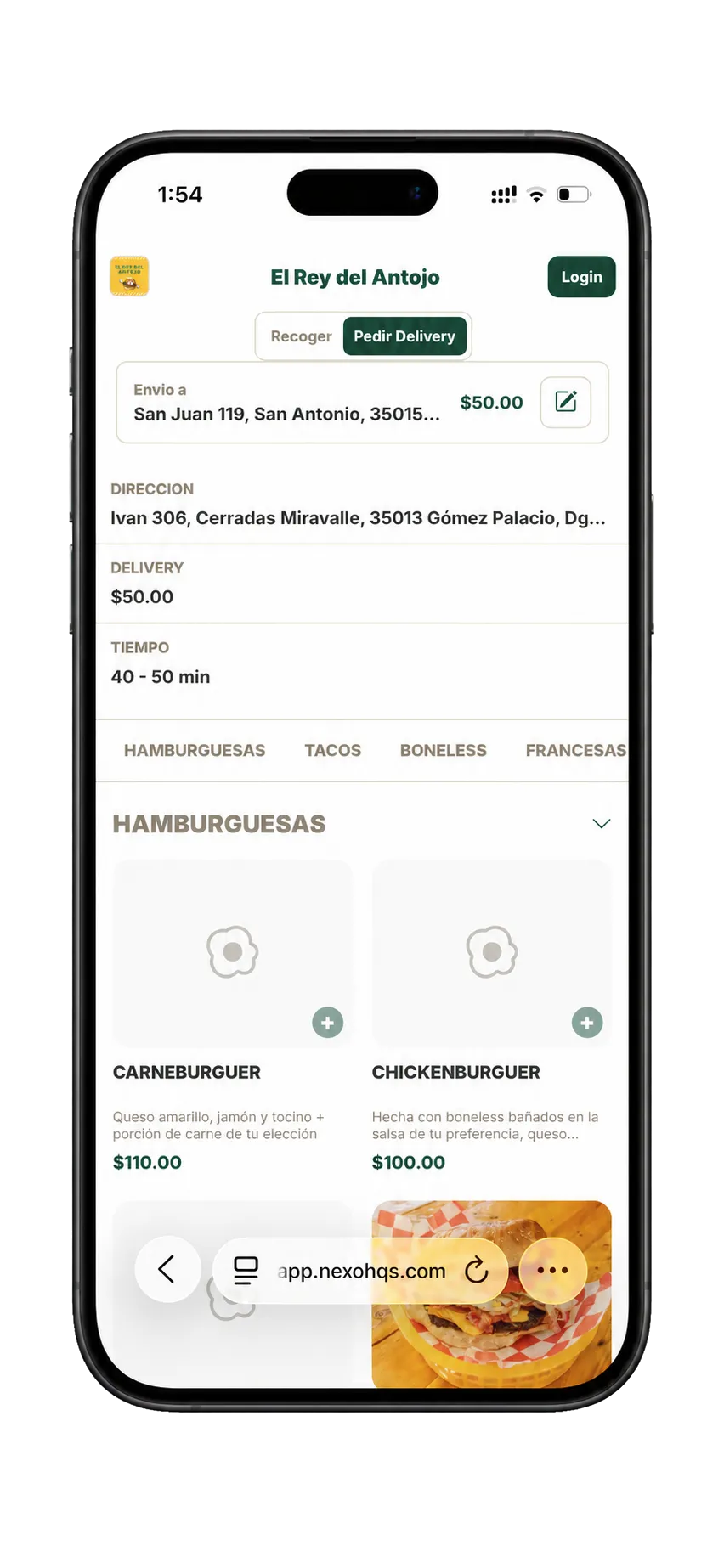 iPhone mostrando pedidos delivery en Nexo